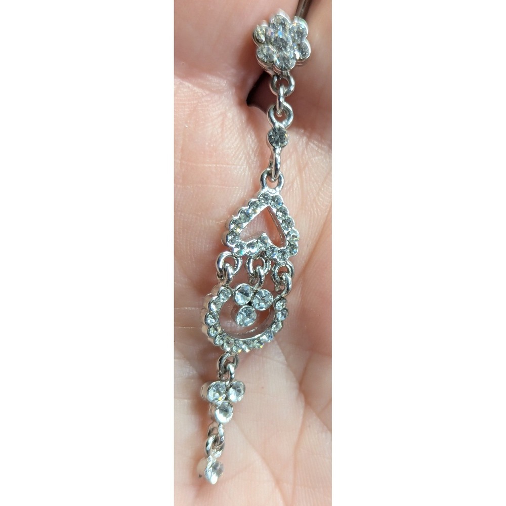 Heart Flower Dangle Belly Ring Women Silver Tone Rhinestone Sparkly Body Jewelry